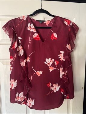 Lauren Ralph Lauren Maroon Floral Ruffle Sleeve V-Neck Blouse